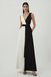 Black and White Pleated V-Neck A Line Long Formal Dress