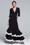 Black and White V-Neck Tiered Ruffled Mermaid Long Formal Dress