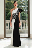 Sheath Black and White Appliqued One Shoulder Formal Dress