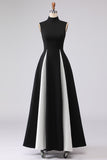 Black and White A-Line High Neck Long Plus Size Formal Dress with Pockets