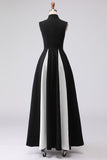 Black and White A-Line High Neck Long Plus Size Formal Dress with Pockets