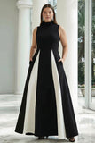 Black and White A-Line High Neck Long Plus Size Formal Dress with Pockets