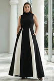 Elegant A-Line Black and White High Neck Long Formal Dress