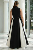 Black and White A-Line High Neck Long Plus Size Formal Dress with Pockets