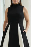 Black and White A-Line High Neck Long Plus Size Formal Dress with Pockets