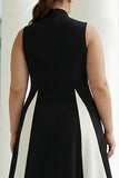 Black and White A-Line High Neck Long Plus Size Formal Dress with Pockets