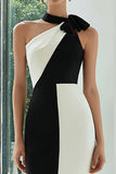 Black and White Halter Midi Bodycon Formal Dress