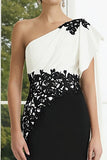 One Shoulder Black and White Sheath Appliqued Long Formal Dress