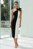 Black and White One Shoulder Bodycon Midi Formal Dress with Bow