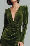 Olive V Neck Velvet Ruched Long Formal Dress with Slit