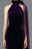 Plum Sheath Velvet Long Formal Dress with Sash