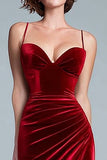 Burgundy Mermaid Velvet Spaghetti Straps Long Formal Dress with Slit