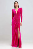Fuchsia Velvet Sheath Ruched Long Formal Dress with Slit