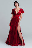 Red V-Neck Velvet A Line Long Formal Dress