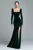 Dark Green Mermaid Square Neck Velvet Formal Dress with Long Sleeves