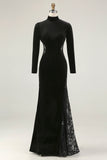 Black Mermaid High Neck Velvet Long Formal Dress with Lace