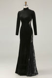 Black Mermaid High Neck Velvet Long Formal Dress with Lace