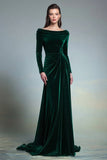 Dark Green Sheath Velvet Boat Neck Long Sleeve Formal Dress