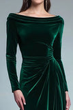 Dark Green Sheath Velvet Boat Neck Long Sleeve Formal Dress