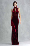 Burgundy Velvet Halter Keyhole Long Formal Dress