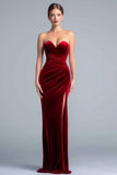 Burgundy Sheath Sweetheart Neck Velvet Long Formal Dress with Slit