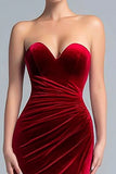 Burgundy Sheath Sweetheart Neck Velvet Long Formal Dress with Slit