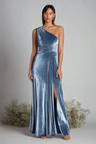 One Shoulder Dusty Blue A-Line Velvet Formal Dress with Slit