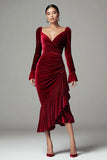 Velvet Mermaid Burgundy Long Sleeve Ruffled Midi Formal Dress