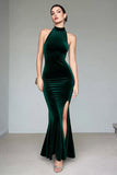 Mermaid Halter Dark Green Velvet Long Formal Dress with Slit