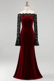 Burgundy Velvet Mermaid Long Sleeve Formal Dress with Lace