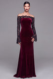 Burgundy Velvet Mermaid Long Sleeve Formal Dress with Lace