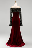 Burgundy Velvet Mermaid Long Sleeve Formal Dress with Lace
