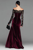 Burgundy Velvet Mermaid Long Sleeve Formal Dress with Lace