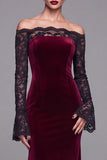 Burgundy Velvet Mermaid Long Sleeve Formal Dress with Lace