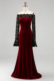 Burgundy Velvet Mermaid Long Sleeve Formal Dress with Lace