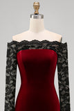 Burgundy Velvet Mermaid Long Sleeve Formal Dress with Lace