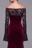Burgundy Velvet Mermaid Long Sleeve Formal Dress with Lace