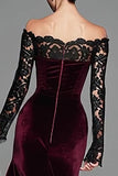 Burgundy Velvet Mermaid Long Sleeve Formal Dress with Lace