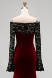 Burgundy Velvet Mermaid Long Sleeve Formal Dress with Lace