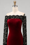 Burgundy Velvet Mermaid Long Sleeve Formal Dress with Lace