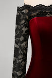 Burgundy Velvet Mermaid Long Sleeve Formal Dress with Lace