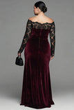 Burgundy Lace Velvet Mermaid Plus Size Formal Dress with Long Sleeves