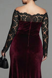 Burgundy Lace Velvet Mermaid Plus Size Formal Dress with Long Sleeves