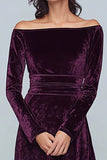 Plum Velvet A-Line Long Holiday Party Dress with Long Sleeves