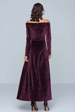 Plum Velvet A-Line Long Holiday Party Dress with Long Sleeves
