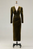 Olive Sheath V-Neck Ruched Velvet Long Formal Dress with slit