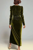 Olive Sheath V-Neck Ruched Velvet Long Formal Dress with slit