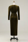 Olive Sheath V-Neck Ruched Velvet Long Formal Dress with slit