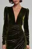 Olive Sheath V-Neck Ruched Velvet Long Formal Dress with slit
