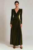 Olive Velvet A-Line V-Neck Formal Dress With Long Sleeves